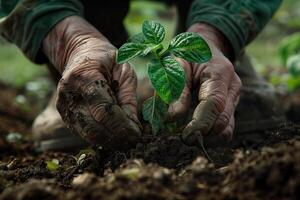 AI generated Hands nurturing young plant in fertile soil. Generative AI. photo