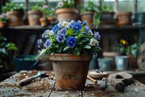 AI generated Terracotta pot with pansies on gardening table. Generative AI. photo