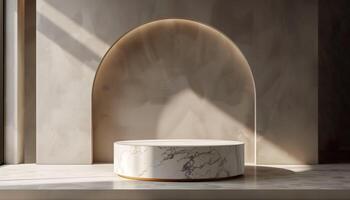 AI generated A marble podium on a minimalist background, illuminated by natural light that creates a play of shadows and texture. Generative AI. photo