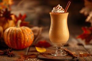 AI generated A glass of pumpkin spice smoothie topped with whipped cream and a dusting of cinnamon. Generative AI. photo