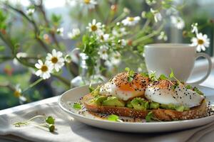 ai generado un conjunto de escalfado huevos en aguacate brindis con un lado de té en un soleado balcón. generativo ai. foto