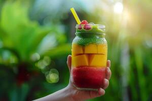 AI generated A side view of a hand holding a mason jar filled with a layered fruit smoothie against the backdrop of a blurred green garden. Generative AI. photo