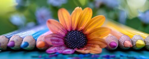 ai generado un vibrante flor anidado entre un formación de de colores Lápices generativo ai. foto