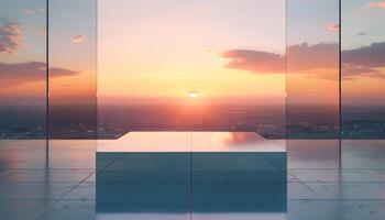 AI generated The warm glow of a city sunset reflects on the sleek surface of a modern high-rise interior. Generative AI. photo