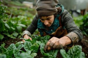 AI generated Young woman planting seedlings in vegetable garden.  Generative AI. photo