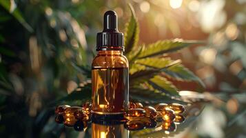 AI generated A dropper bottle of CBD oil and gel capsules are elegantly presented amongst cannabis leaves. Generative AI. photo