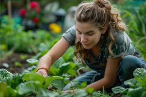 ai generado joven mujer tendiendo a jardín plantas con cuidado. generativo ai. foto