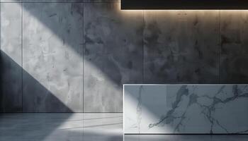 AI generated A sleek, white marble podium in a minimalist gallery space, illuminated by soft overhead lighting. Generative AI. photo