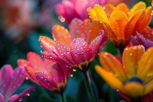 AI generated Vibrant tulips with dewdrops close-up. Generative AI. photo