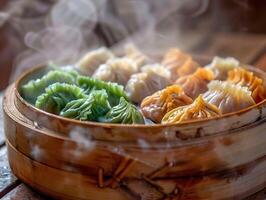 AI generated Close-up a bamboo steamer filled with a variety of freshly steamed dumplings. Generative AI. photo