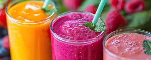 AI generated An array of colorful fruit smoothies in a row. Generative AI. photo