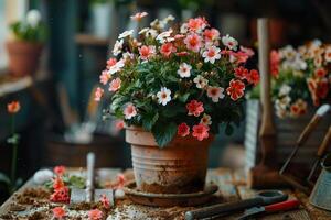 AI generated Vibrant potted flowers with gardening tools. Generative AI. photo