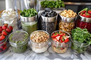 ai generado un formación de superalimentos pulcramente organizado para comida deberes, presentando vibrante bayas, frondoso verduras, nueces, y semillas generativo ai foto