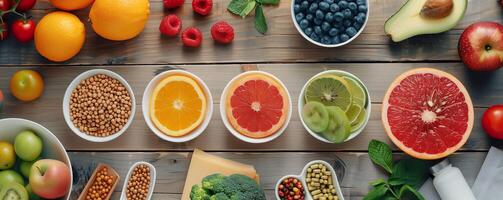 AI generated Top-view of healthy food choices including fresh fruits, vegetables, and nuts. Generative AI. photo