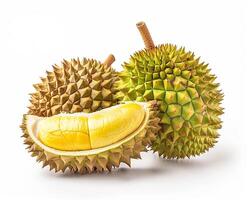 AI generated Whole durian fruit with slice isolated on white background. Close-up Shot. photo