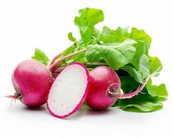 AI generated Whole radish with slice isolated on white background. Close-up Shot. photo