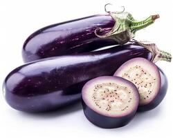 AI generated Whole eggplant with slice isolated on white background. Close-up Shot. photo