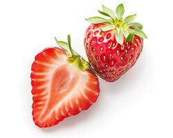 AI generated Whole strawberries fruit with slice and leaves isolated on white background. Close-up Shot. photo
