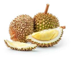 AI generated Whole durian fruit with slice isolated on white background. Close-up Shot. photo