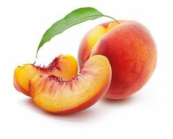 AI generated Whole peach fruit with slice isolated on white background. Close-up Shot. photo