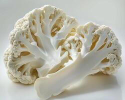 AI generated Whole cauliflower with slice isolated on white background. Close-up Shot. photo