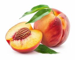 AI generated Whole peach fruit with slice isolated on white background. Close-up Shot. photo