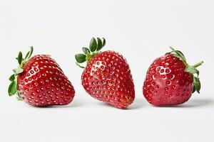 AI generated Fresh strawberries fruit with leaves isolated on white background. Close-up Shot photo