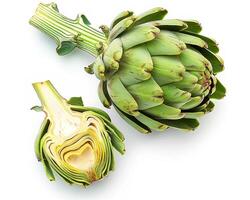 AI generated Whole artichoke with slice isolated on white background. Close-up Shot. photo