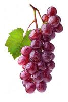 AI generated Bunch of fresh ripe red grapes with grape leaf isolated on white background. Close-up Shot. photo