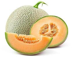 AI generated Whole cantaloupe fruit with slice isolated on white background. Close-up Shot. photo