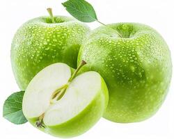 AI generated Whole green apple fruit with slice isolated on white background. Close-up Shot. photo