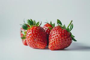 AI generated Fresh strawberries fruit with leaves isolated on white background. Close-up Shot photo