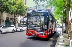 A modern city bus public transportation called Suroboyo Bus or Trans Semanggi is stopping at the bus stop, Indonesia, 2 March 2024. photo