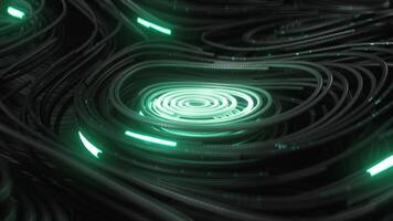 Black topographic circular lines with running matrix code and with green neon video