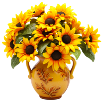 AI generated Bunch of fresh bright sunflowers in glass vase png