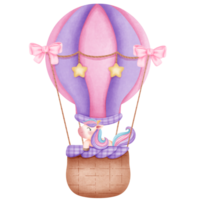 Cute rainbow unicorn with fairytale hot air balloon clipart. png
