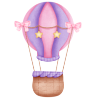 Purple and pink hot air balloon with coquette bows and stars clipart, Hand drawn watercolor illustration. png