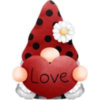 mariquita gnomo con rojo corazón y margarita flor acuarela clipart, amor error ilustración. png