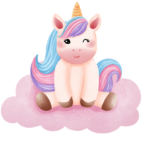 Cute magical rainbow unicorn sitting on cloud watercolor clipart. png