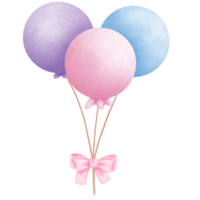 Pastel pink, purple and blue balloons with coquette ribbon bow watercolor clipart. png