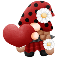 mariquita gnomo con rojo corazón y margarita flor acuarela clipart, amor error ilustración. png