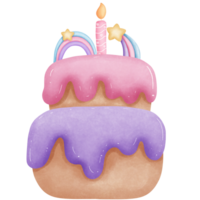 Watercolor birthday cake adorned with shooting sar, rainbow and candle clipart. png