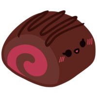 Isolated cute chocolate rasberry Swiss Roll cake with a happy smile in transparent background. png