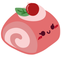 Isolated cute pink velvet Swiss Roll cake with a happy smile in transparent background. png