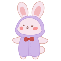 Isolated cute rabbit wearing purple clothes with a happy smile. png