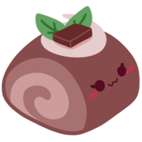 Isolated cute chocolate swiss roll cake with a happy smile in transparent background. png