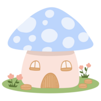 Isolated blue mushroom houses in transparent background.Forest cute mushroom house. png