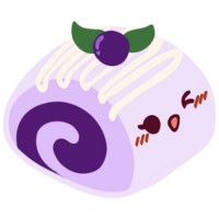 Isolated cute Blueberry Swiss Roll cake with a happy smile in transparent background. png