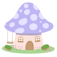 Isolated purple mushroom houses in transparent background.Forest cute mushroom house. png