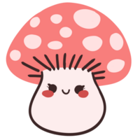 Isolated Kawaii cute pink mushroom with a happy smile in transparent background. Hand drawn mushroom character in a kawaii style. png